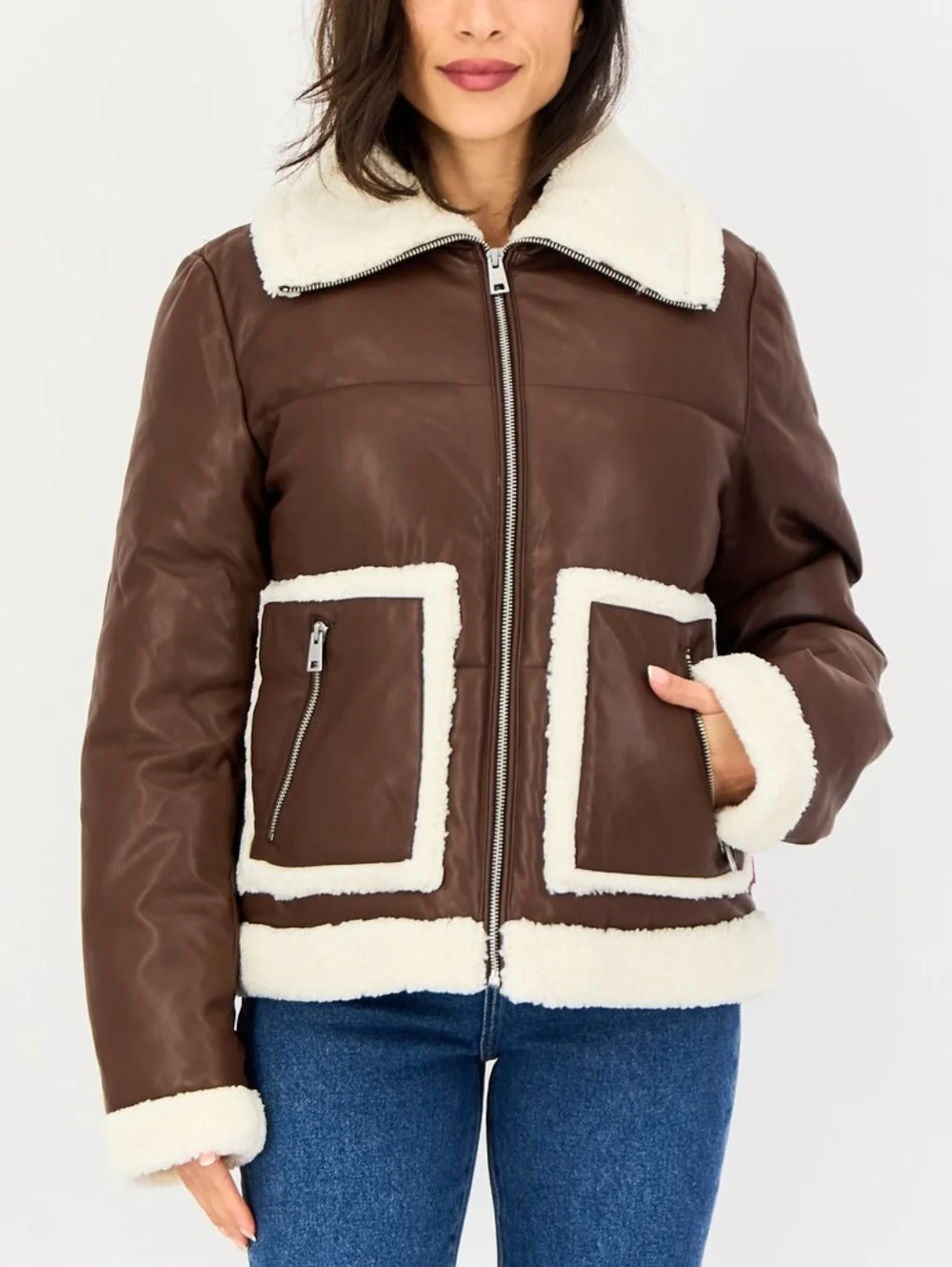 LIKE NEW Levi's Brown Faux Fur Long Sleeve zippered Sherpa Jacket Size XL